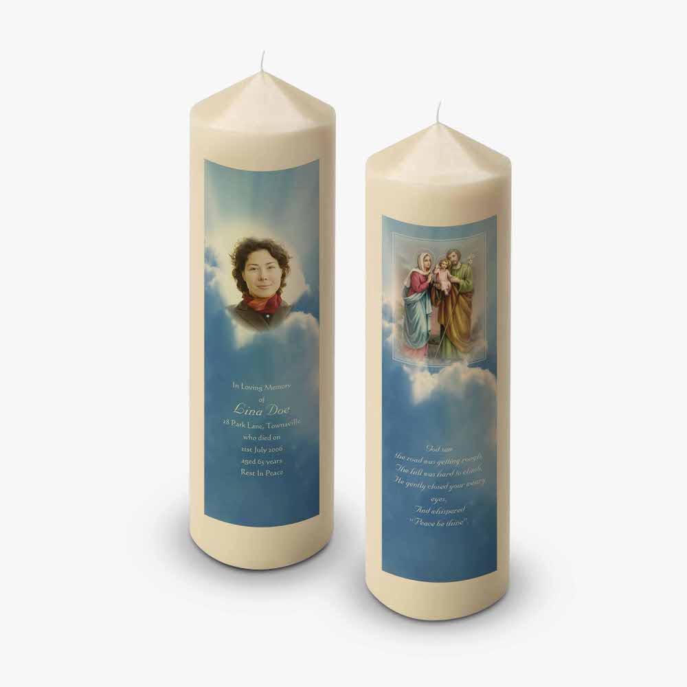 two candles with pictures of a woman and a man on them