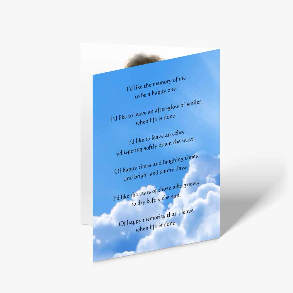 memorial card with a photo of a person in the sky and a poem