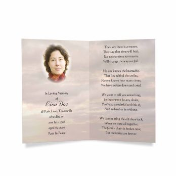 a funeral card with a photo of a woman in a white dress