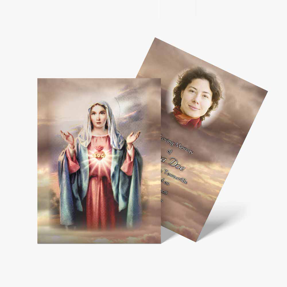 a religious card with a picture of the virgin mary