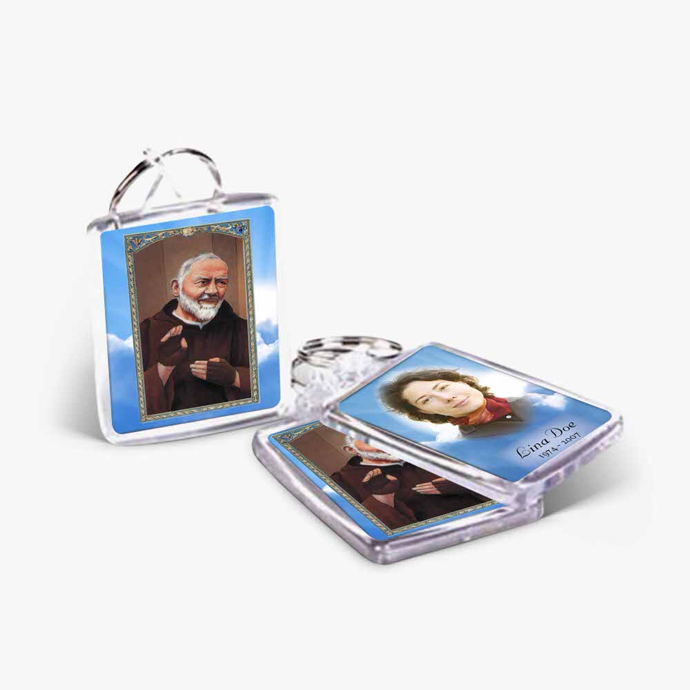 a keychain with a photo of a man and woman