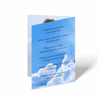 memorial card with a photo of a person in the sky and a poem