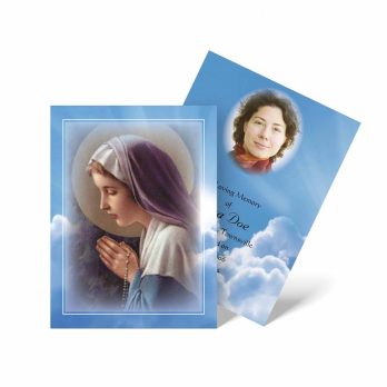 a prayer card with a picture of mary and a blue sky