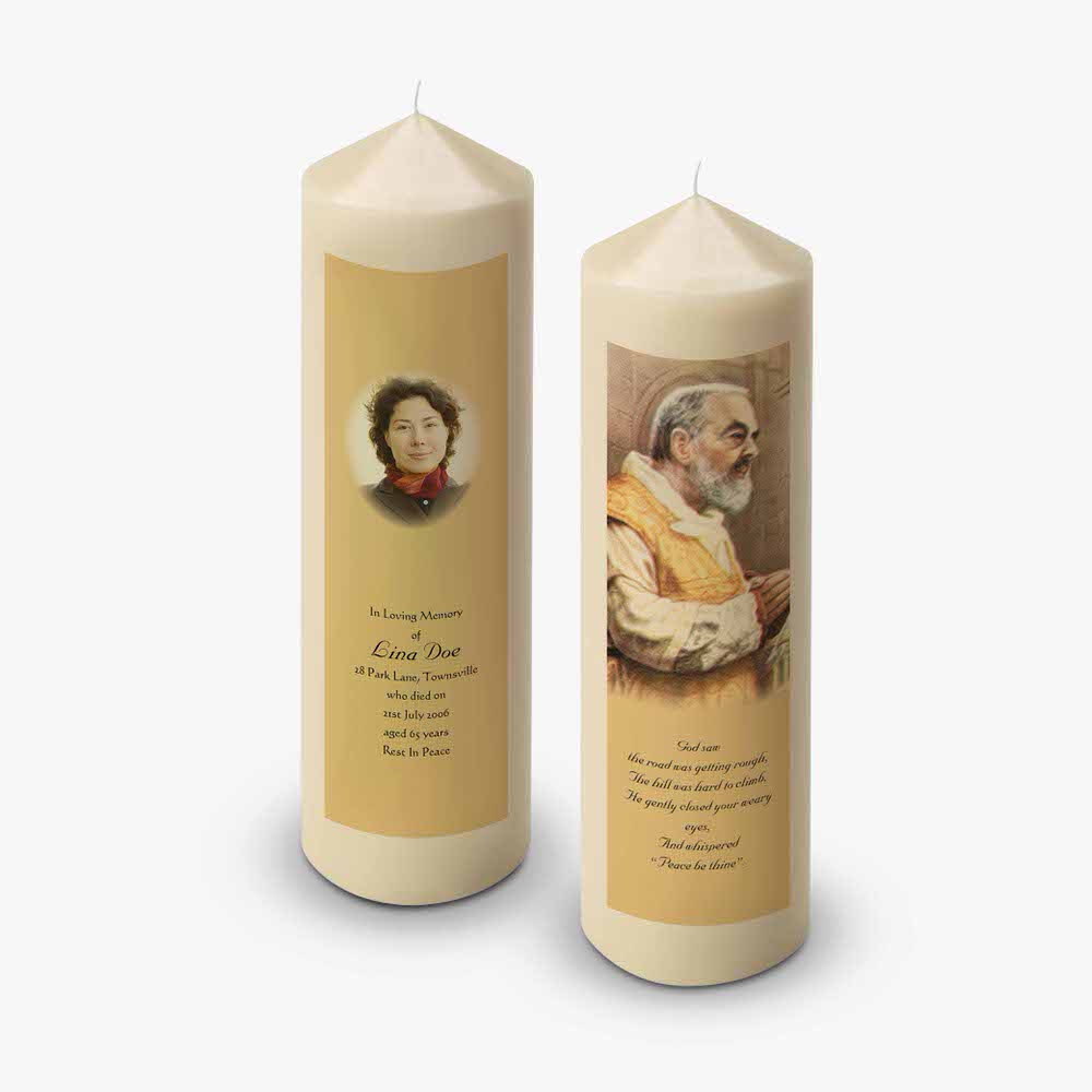 two candles with a picture of a man and woman