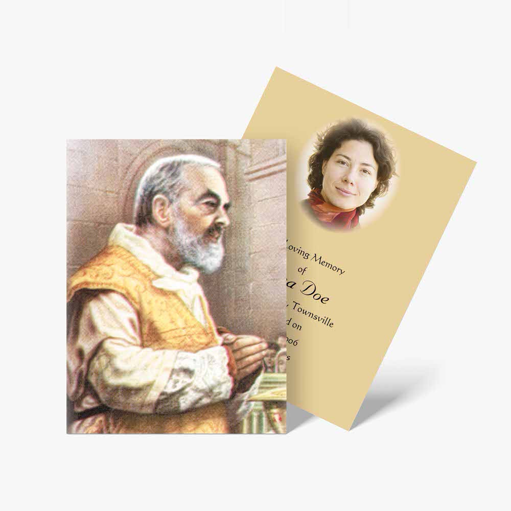 a card with a photo of a priest and a woman