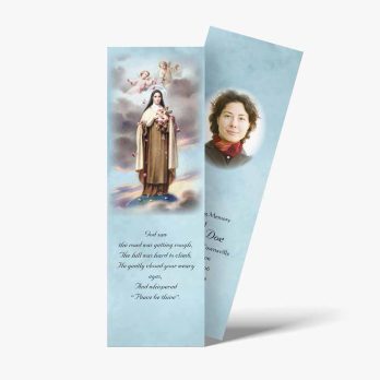 a bookmark with a picture of a woman holding a cross