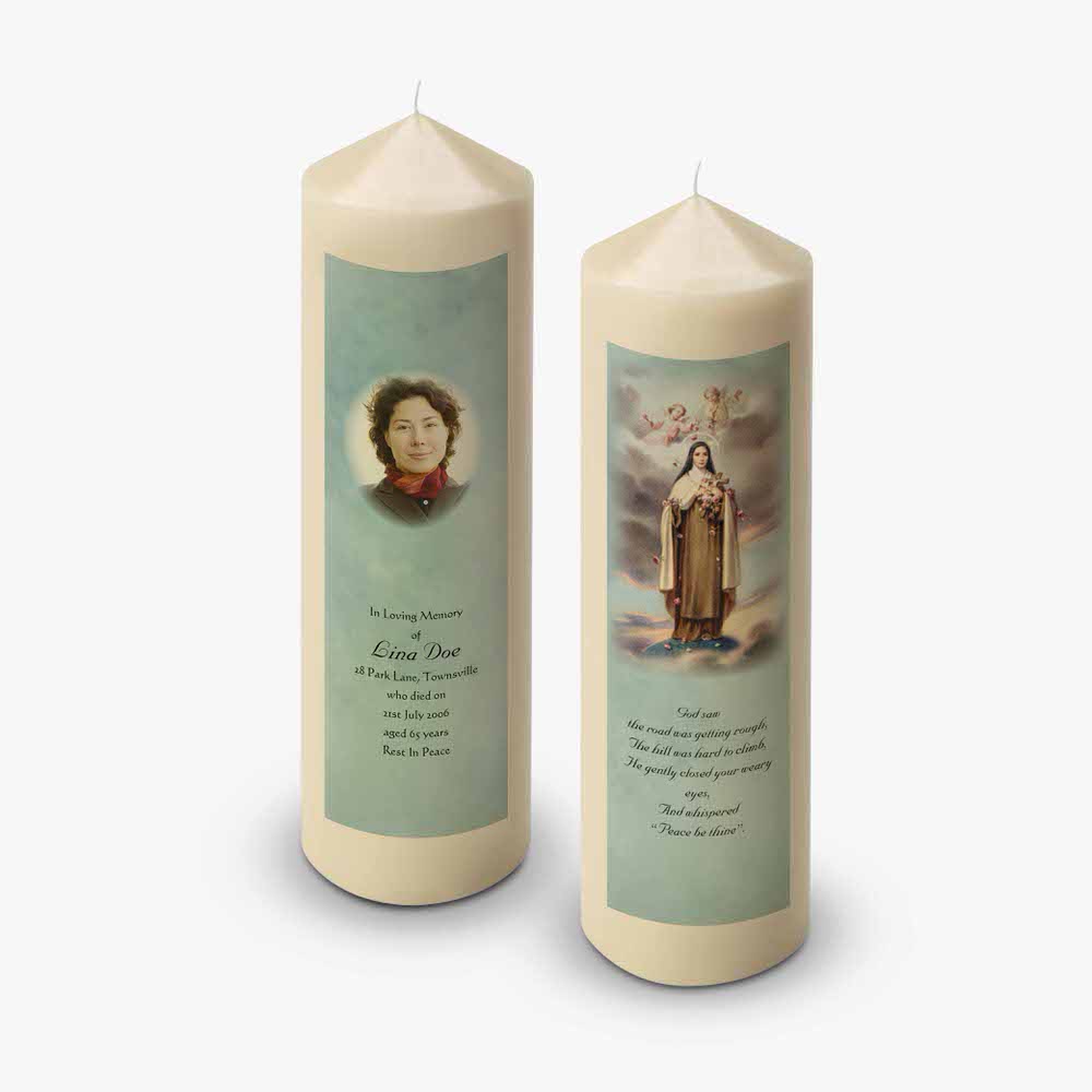 two candles with a picture of a woman on them