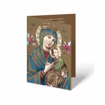 a card with an image of the virgin mary holding a child