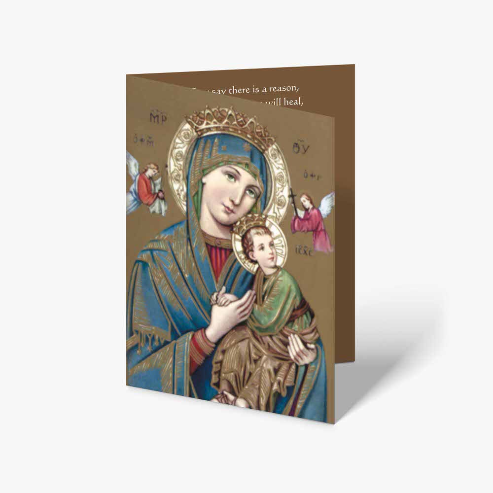 a card with an image of the virgin mary holding a child