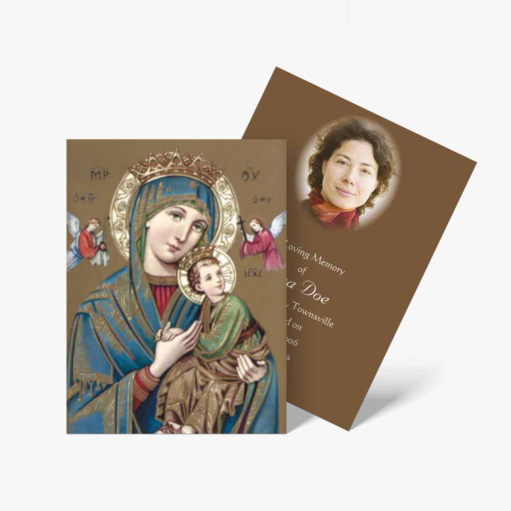 a brown and gold card with an image of the virgin mary