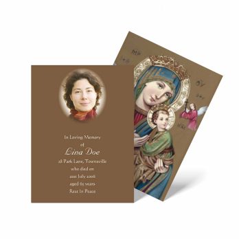 a brown and brown card with an image of the virgin mary