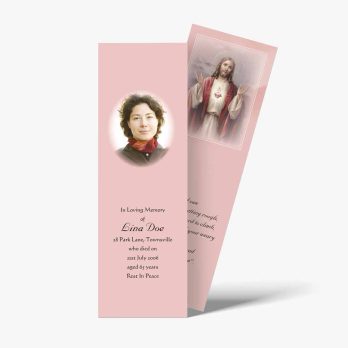 a pink bookmark with a photo of jesus