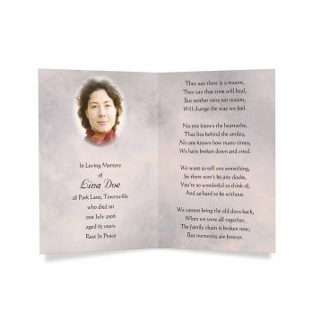 a funeral card with a photo of a woman in a white dress