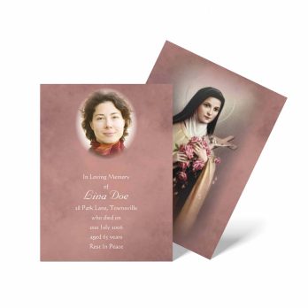 a pink and white funeral card with a photo of a woman