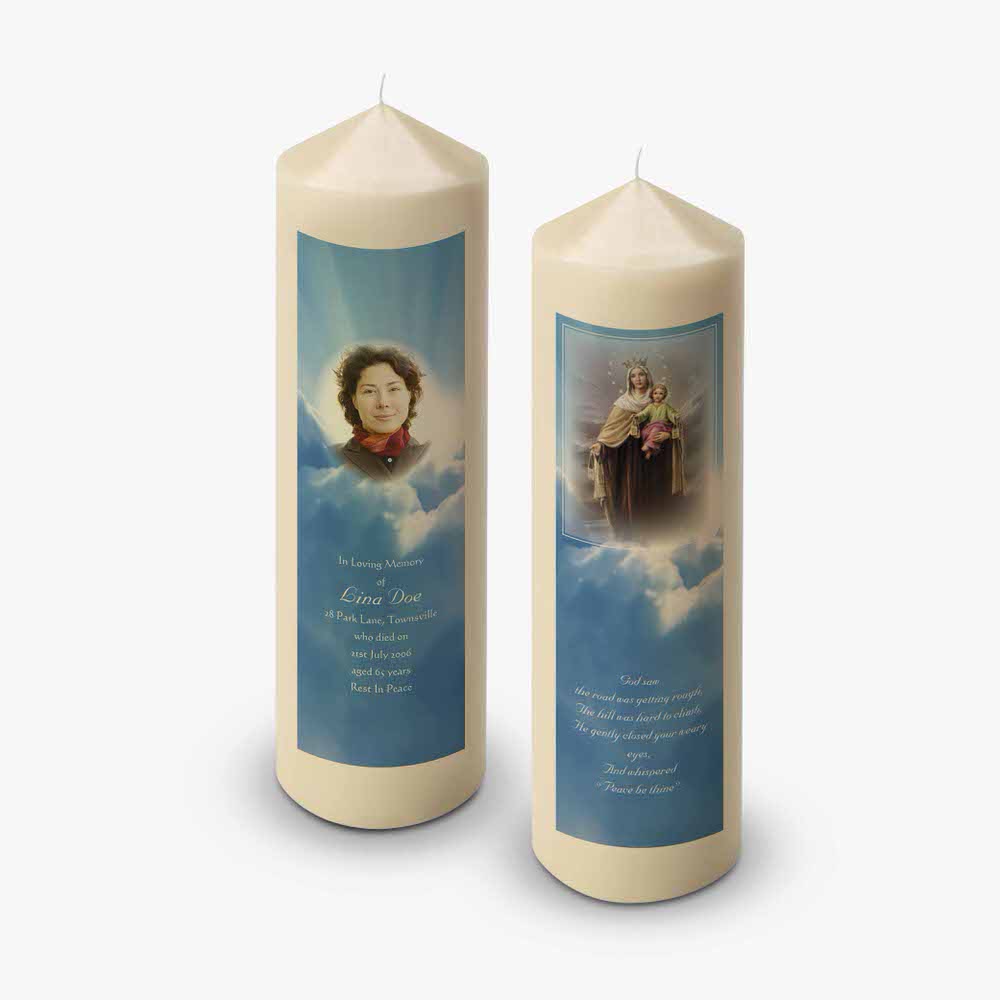 two candles with a picture of a woman on them