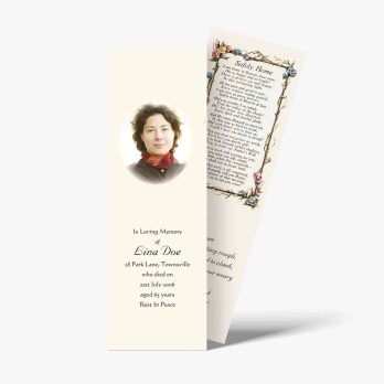 a funeral bookmark with a picture of a woman