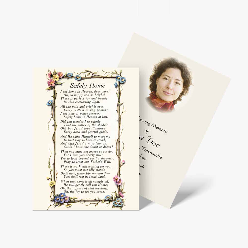 a funeral card with a poem and a photo of a woman