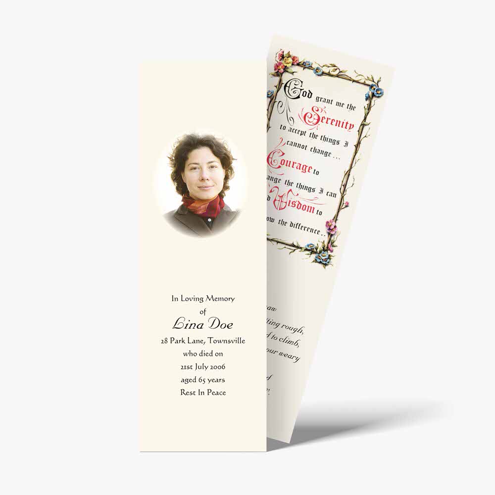 a funeral bookmark with a photo of a woman