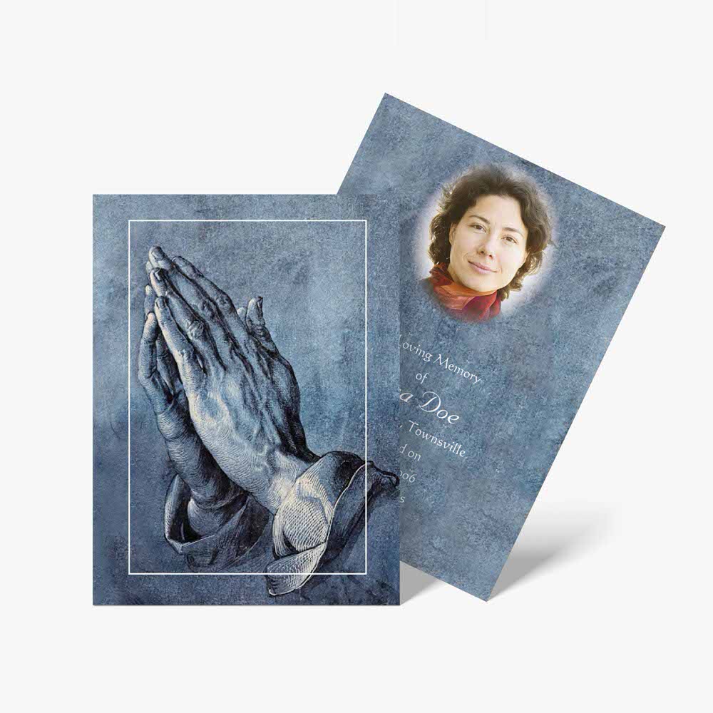a prayer card with a photo of a woman praying
