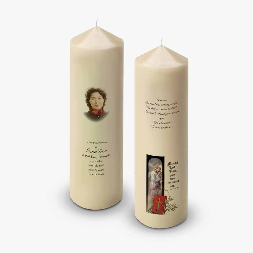 two candles with a picture of a woman on them