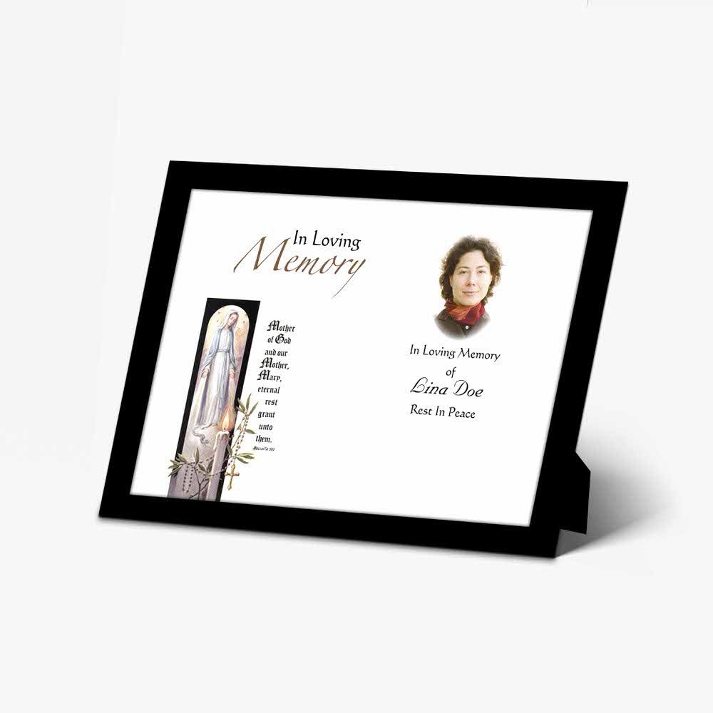 a memorial photo frame with a photo of a woman in a white dress