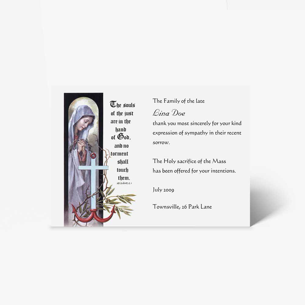 a card with a picture of mary and the cross