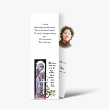 a bookmark with a picture of a woman and a cross