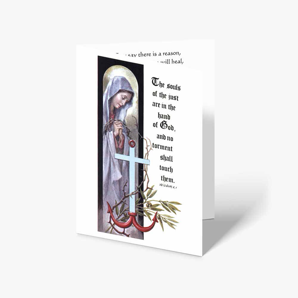 a card with a picture of the virgin mary and a cross