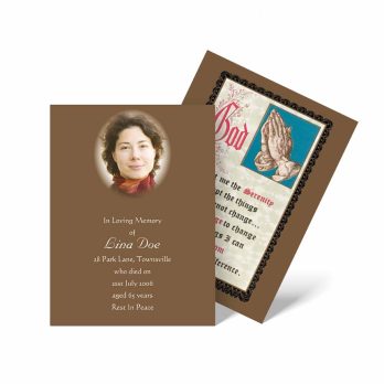 a brown and white funeral card with a photo of a woman in a brown dress