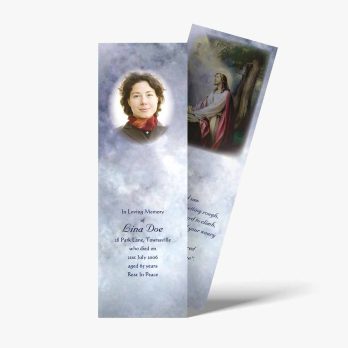 a bookmark with a photo of a woman in a church