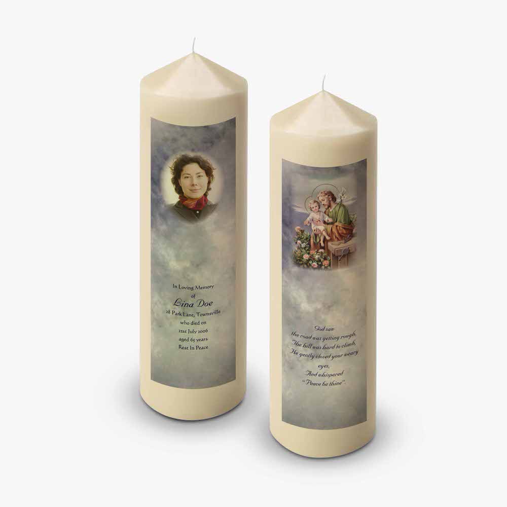 two candles with pictures of a woman and a child