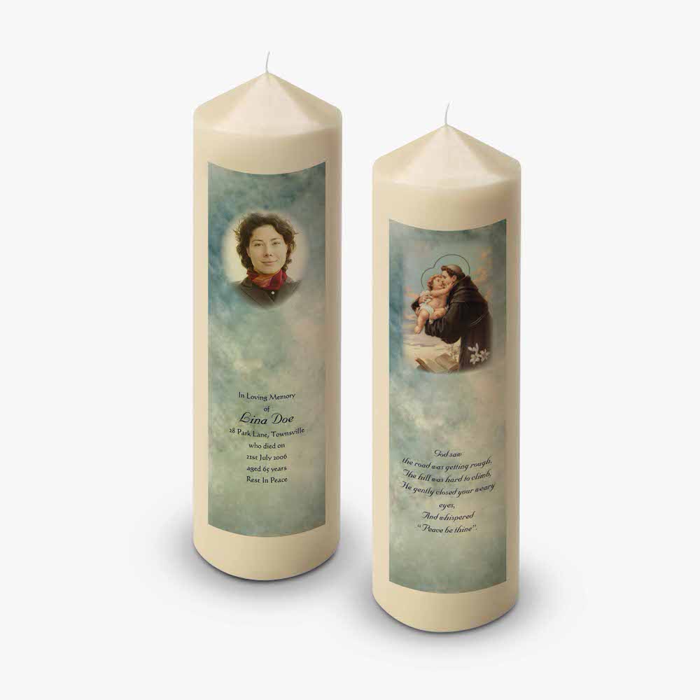 two candles with pictures of a woman and a child