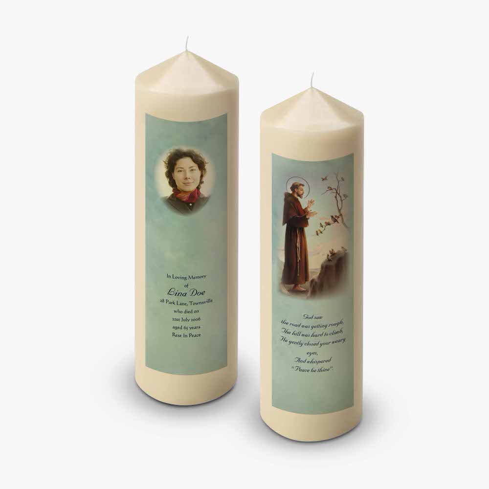 two candles with a picture of a woman and a man