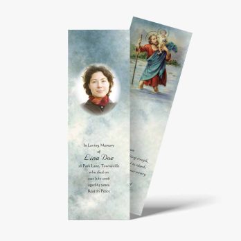 a bookmark with an image of an angel and a picture of a saint