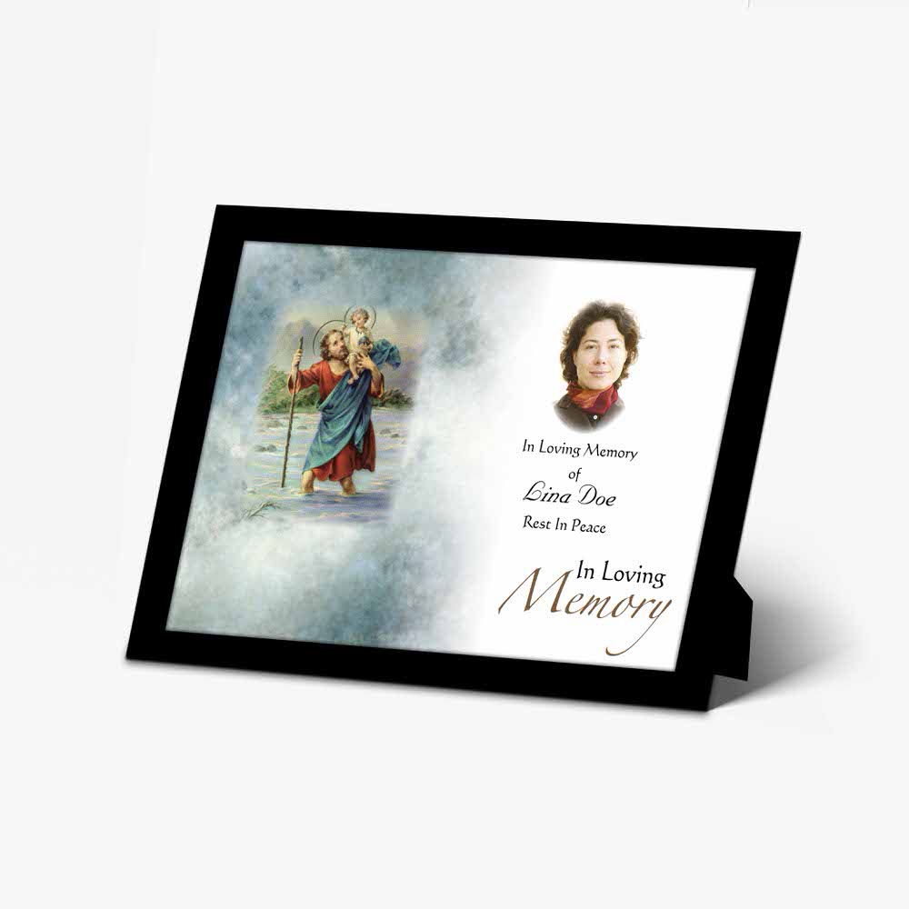 a memorial card with a picture of a woman and a child