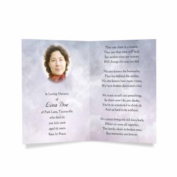 a funeral card with a photo of a woman in a white dress