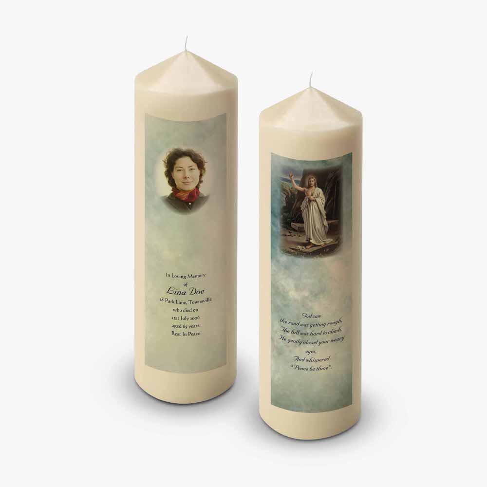 two candles with pictures of a woman and a man