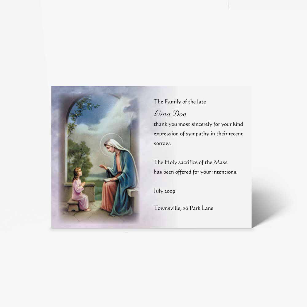 a prayer card with the image of mary and jesus