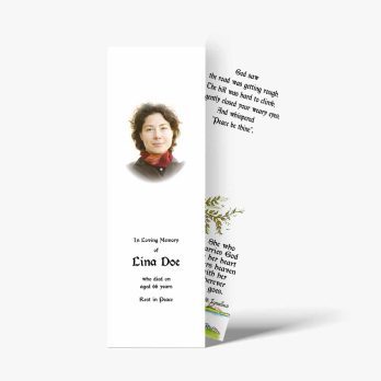 a funeral bookmark template with a photo of a woman in a red dress