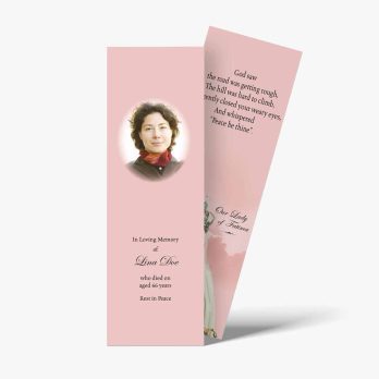 a pink bookmark with a photo of a woman