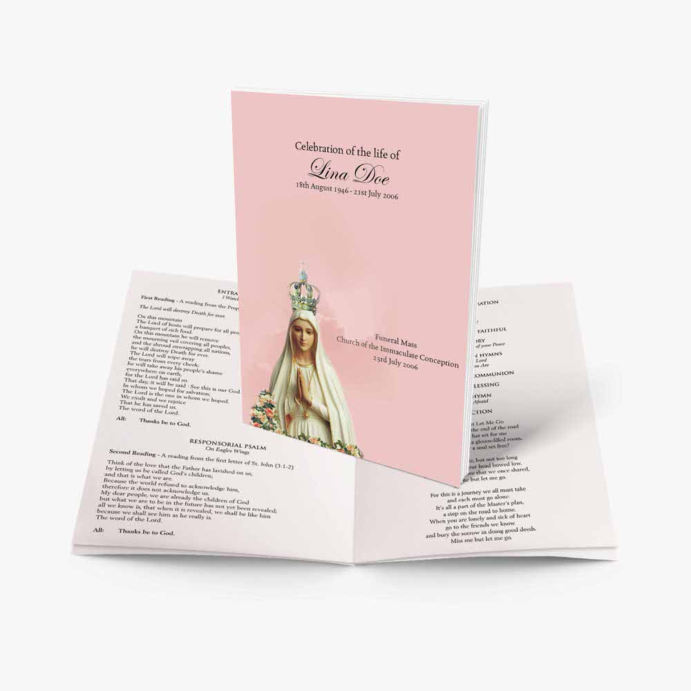 a pink booklet with the image of the virgin mary