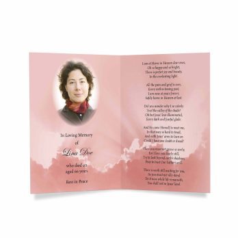 a pink funeral card with a photo of a woman in a pink dress