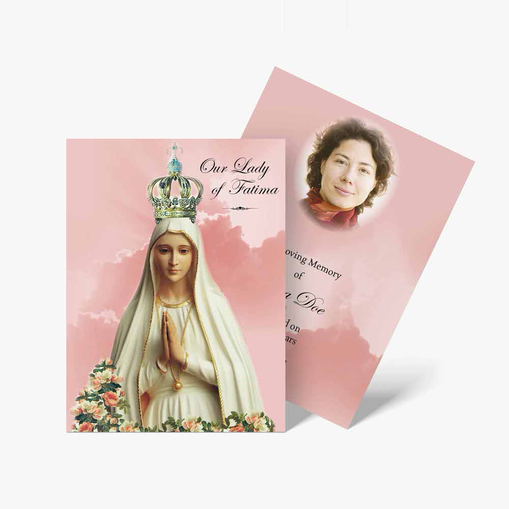 a pink card with a picture of mary and a crown