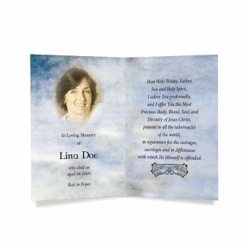 funeral card with photo of a woman in a blue sky