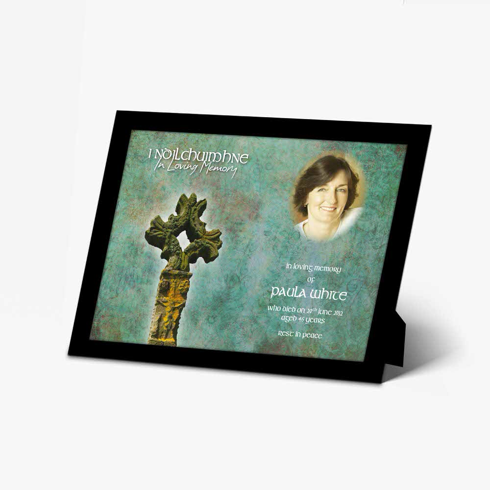 a photo frame with a picture of a woman and a cross