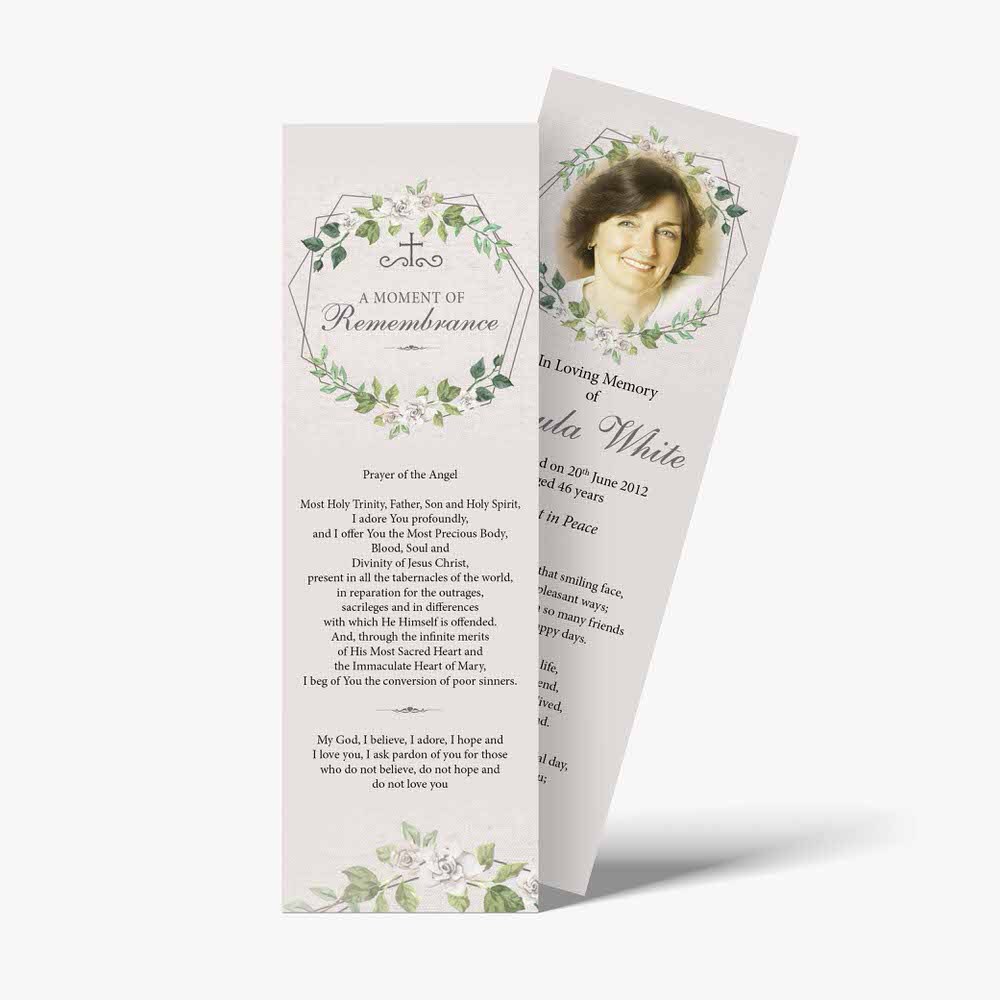 a funeral bookmark with a photo of a woman and flowers