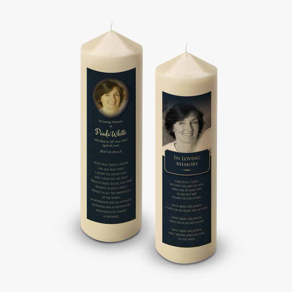 two candles with a photo of a woman on them
