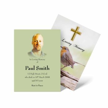 funeral cards with a bird and a cross