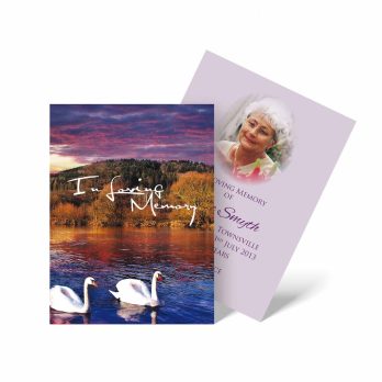 memorial cards with swans and flowers