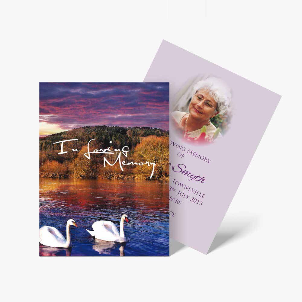 memorial cards with swans and flowers